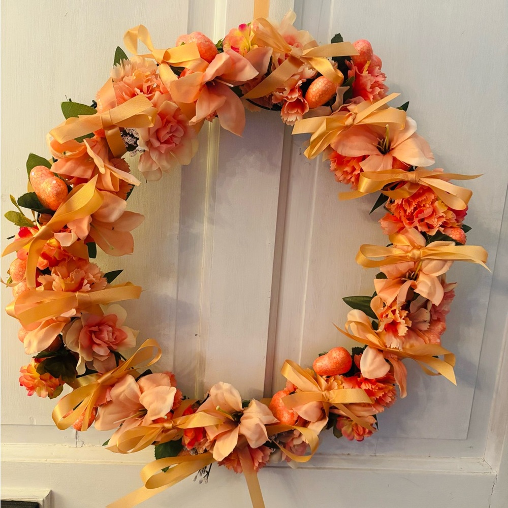 Handmade Peach Floral Wreath with Bows